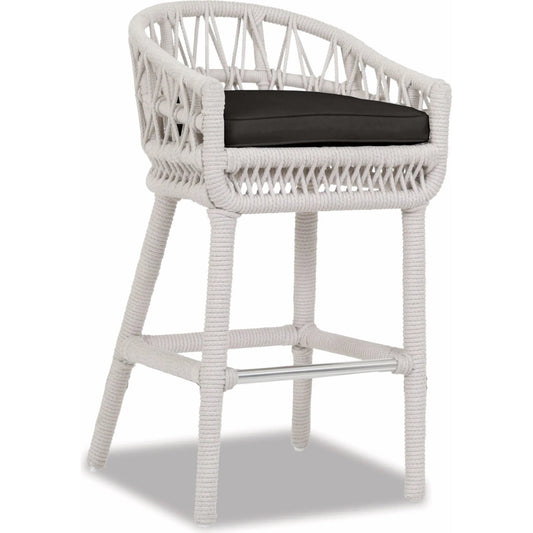 Dana Outdoor Rope Bar Stool in Linen by Sunset West in whites/creams/beiges. Made from olefin rope in a coastal style.
