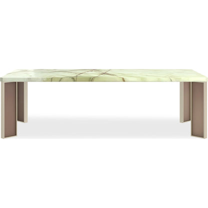 The Naturalist Dining Table by Caracole in brushed gold. Made from stone, metal, glass in a modern style.