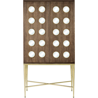 Colette Bar Cabinet by Currey and Company in tawny brown, polished brass, mirror, natural, clear, rose. Made from figured eucalyptus, stainless steel, glass, marble, faux velvet in a modern style.