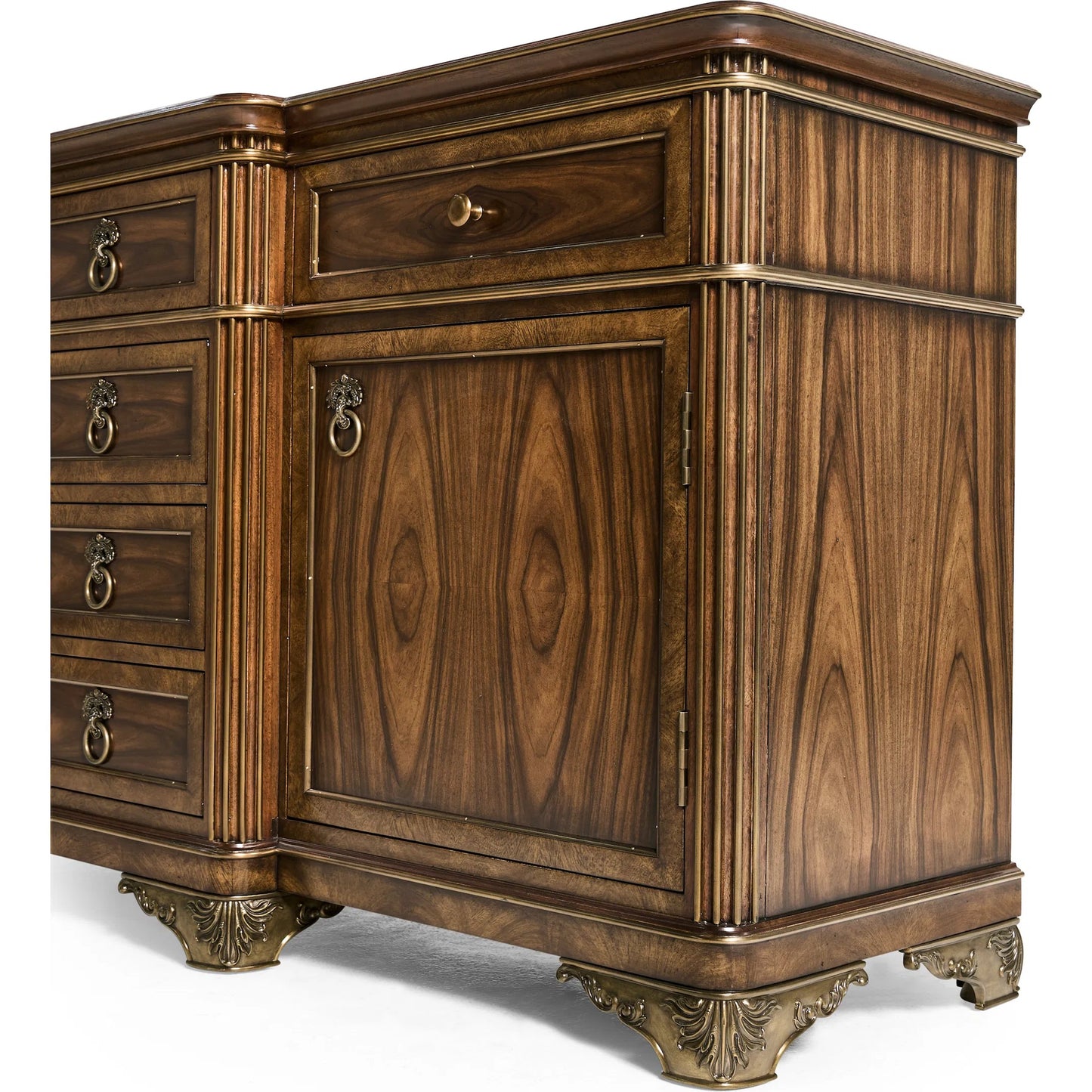 010 SI-2446831 | Closeup | Viceroy Buffet by Jonathan Charles in viceroy brown santos. Made from local mahogany, oak, celejeria veneer, oak veneer, brass, acacia veneer, santos rosewood crown veneer in a traditional style.