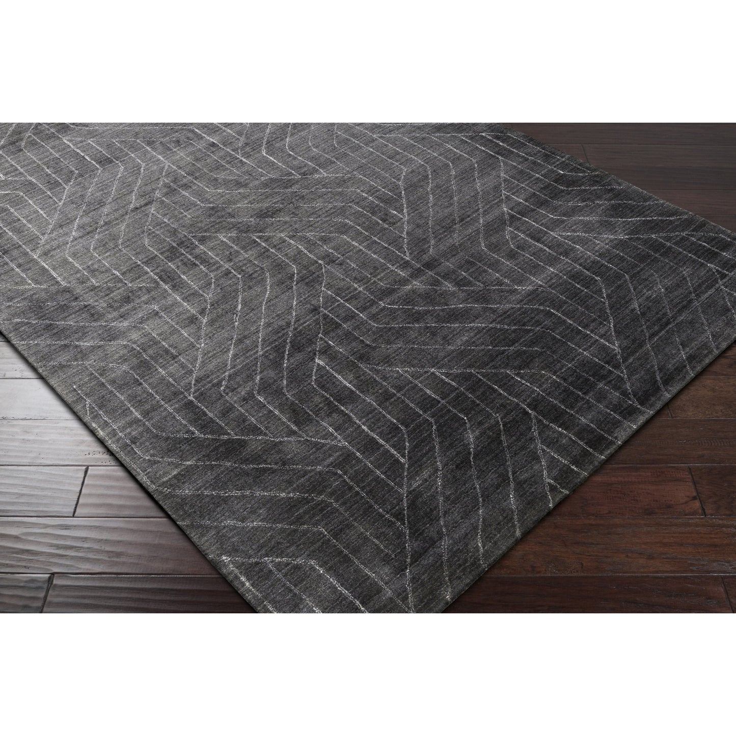 008 102278-26644,102278-26645,102278-26646,102278-26710,102278-26711 | Closeup | Hightower Rug - 23234 by Surya in charcoal, black, white. Made from 100% viscose in a unique style.