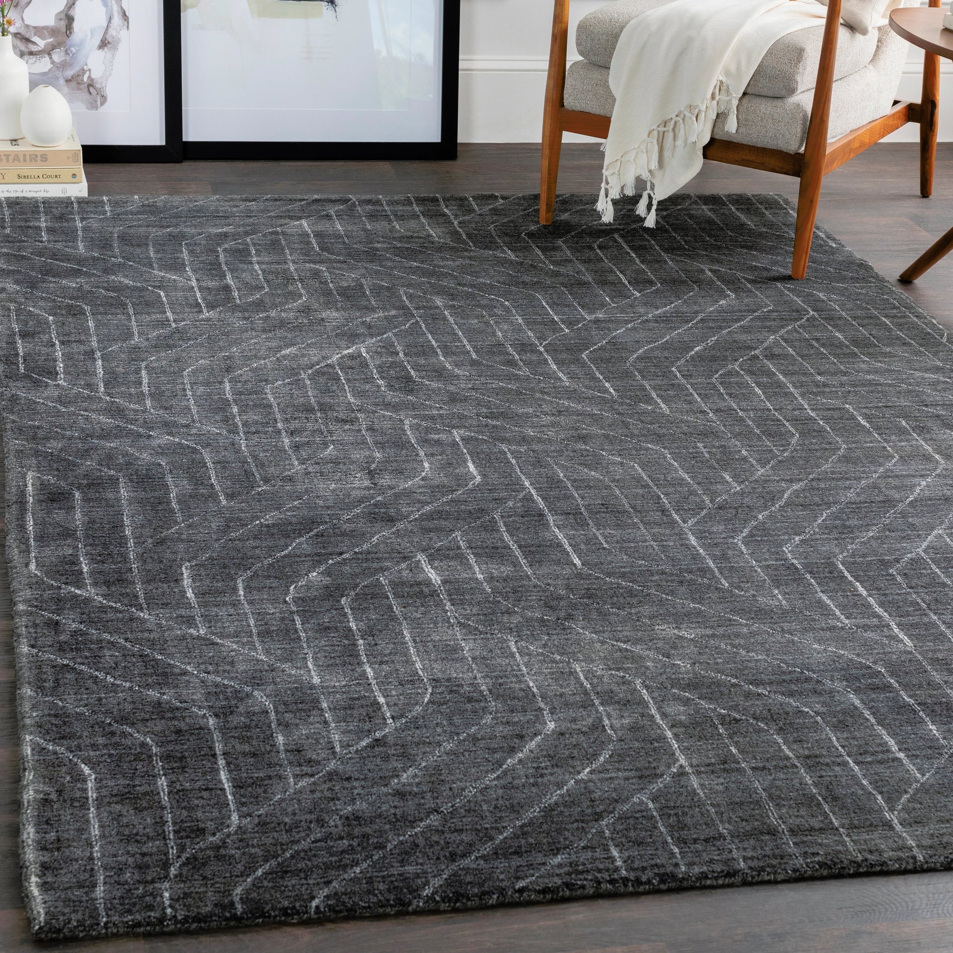 Hightower Rug - 23234 by Surya in charcoal, black, white. Made from 100% viscose in a unique style.