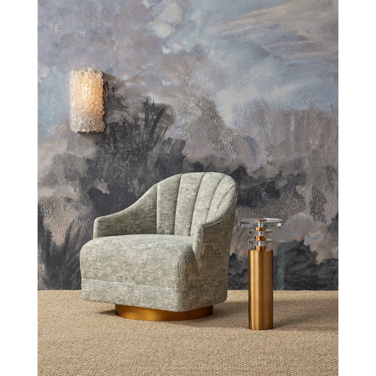 Inga Swivel Chair by Currey and Company in brushed brass. Made from mahogany, brass, cindaria celadon in a traditional style.