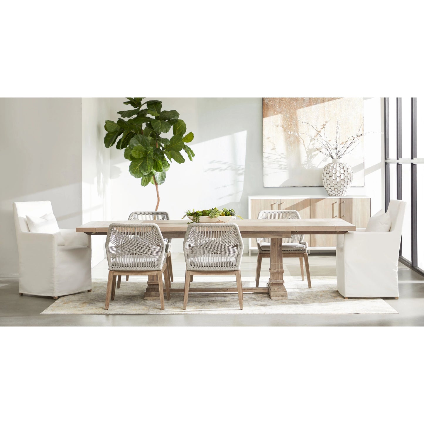 042 SR-387273 | Lifestyle | Hudson Rectangle Dining Table by Essentials For Living in natural gray. Made from solid acacia, acacia veneer in a cottage & farmhouse style.