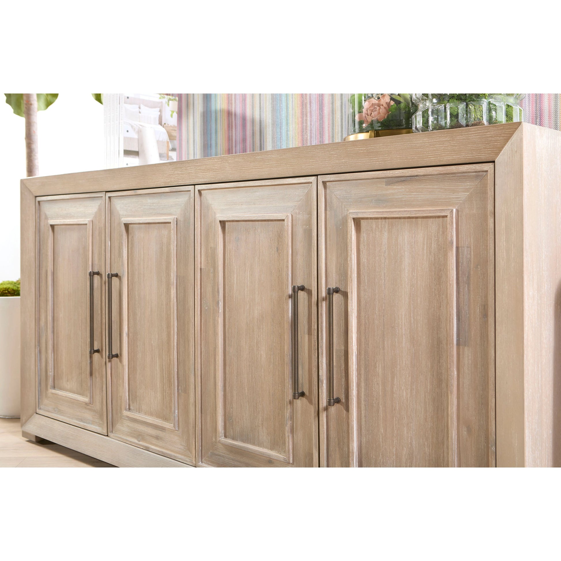 Hunter Media Sideboard by Essentials For Living in natural gray acacia. Made from solid acacia wood, acacia veneer, mdf in a transitional style.