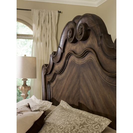 Rhapsody Panel Bed by Hooker Furniture in rustic walnut. Made from pecan veneers, resin in a traditional style.