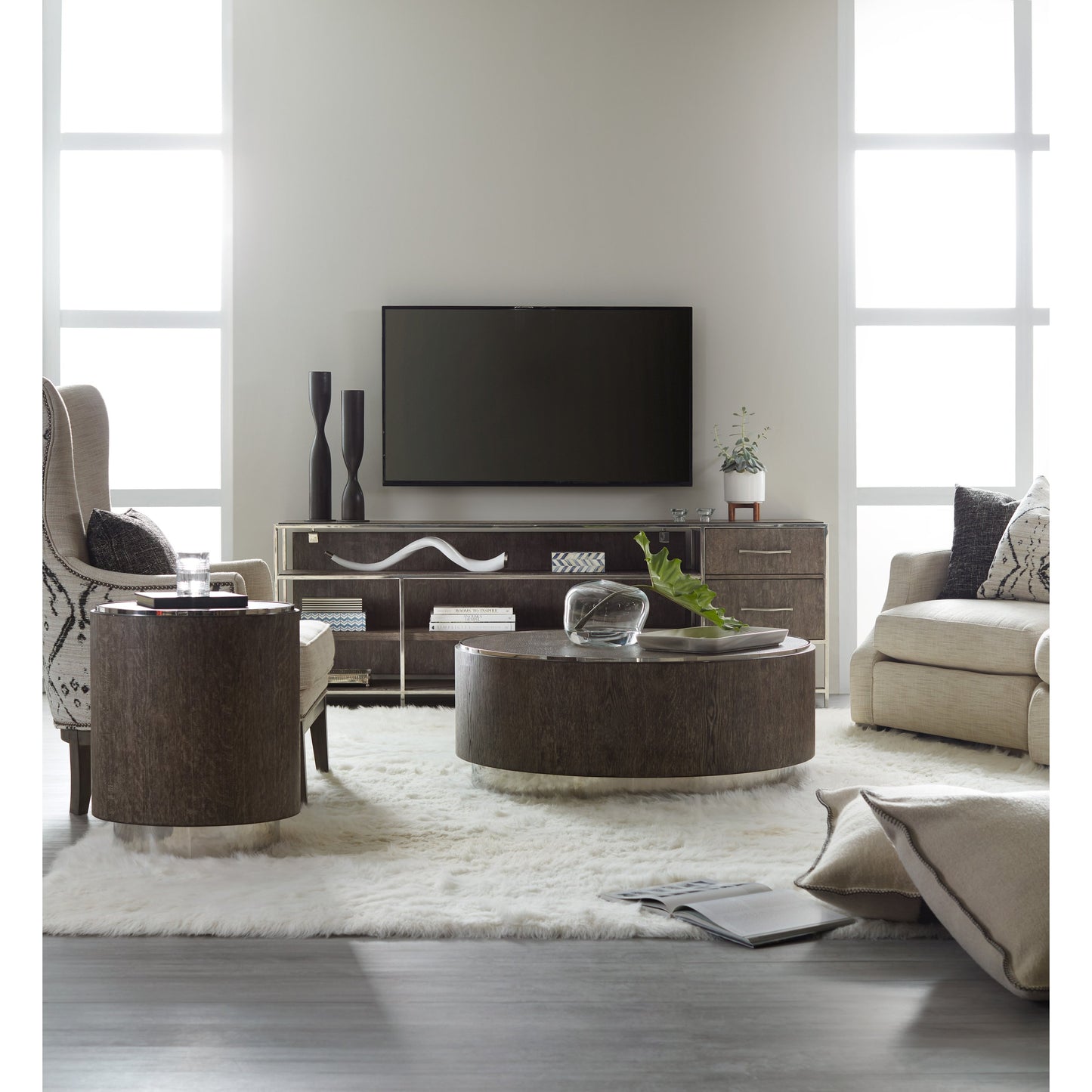 003 SI-1749772 | Lifestyle | Storia End Table by Hooker Furniture in greige. Made from oak veneers, stainless steel in a modern style.