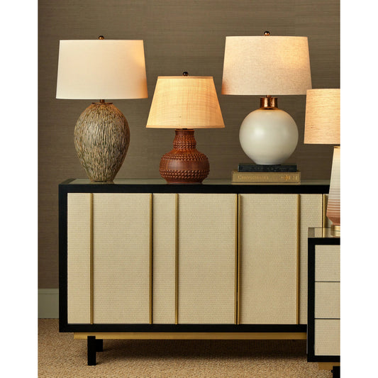 Atamo Table Lamp by Currey and Company in dark brown, rustic black. Made from ceramic, metal in a cottage & farmhouse style.