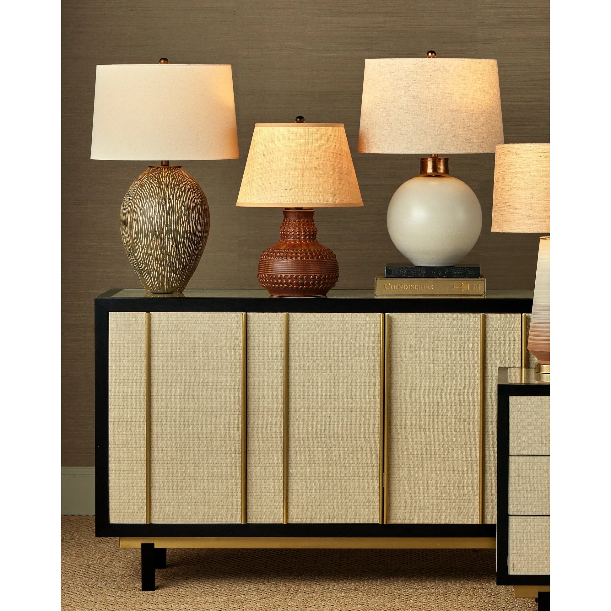 Hildreth Table Lamp by Currey and Company in olive green, beige, off-white, antique brass. Made from porcelain, metal in a modern style.