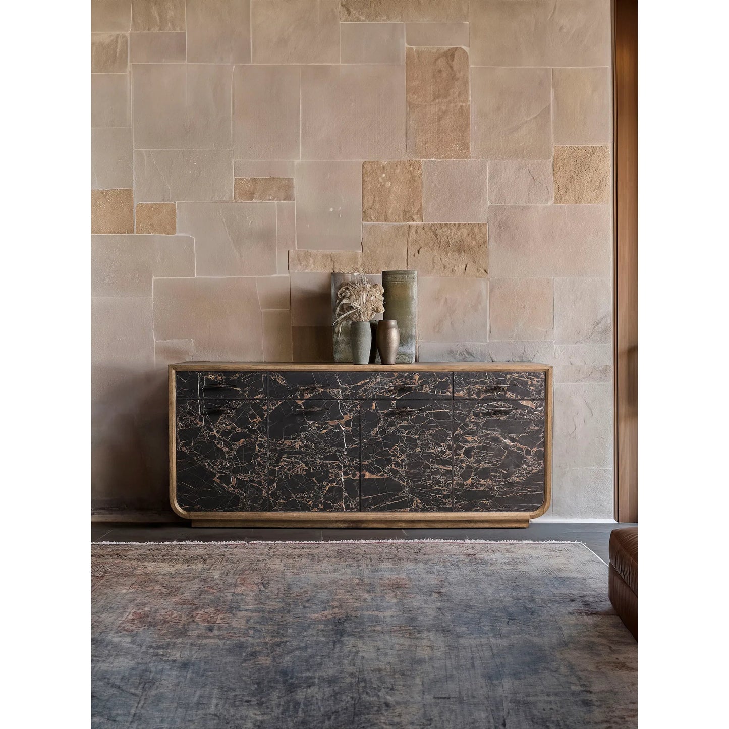 021 SI-2462632 | Lifestyle | Stone Ridge Marble Credenza by Jonathan Charles in tully light acacia. Made from acacia in a modern style.