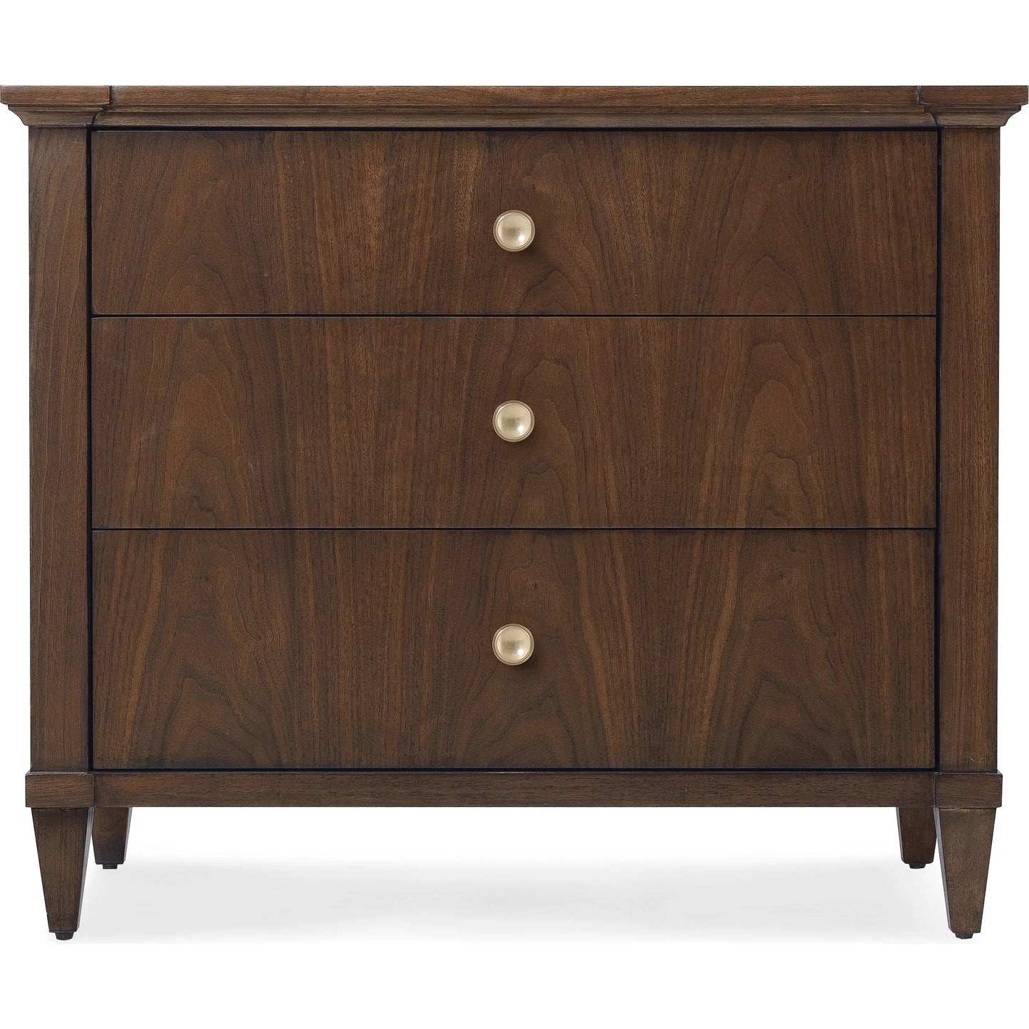 002 SI-2353939 | Additional Silo | Archives Three-Drawer Nightstand by Hooker Furniture in dark wood and classic walnut. Made from figured walnut veneer, oak veneer in a transitional style.