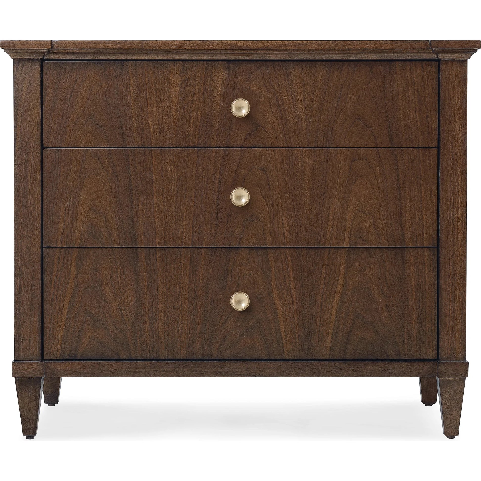 Archives Three-Drawer Nightstand by Hooker Furniture in dark wood and classic walnut. Made from figured walnut veneer, oak veneer in a transitional style.