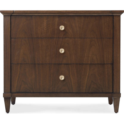 Archives Three-Drawer Nightstand by Hooker Furniture in dark wood and classic walnut. Made from figured walnut veneer, oak veneer in a transitional style.