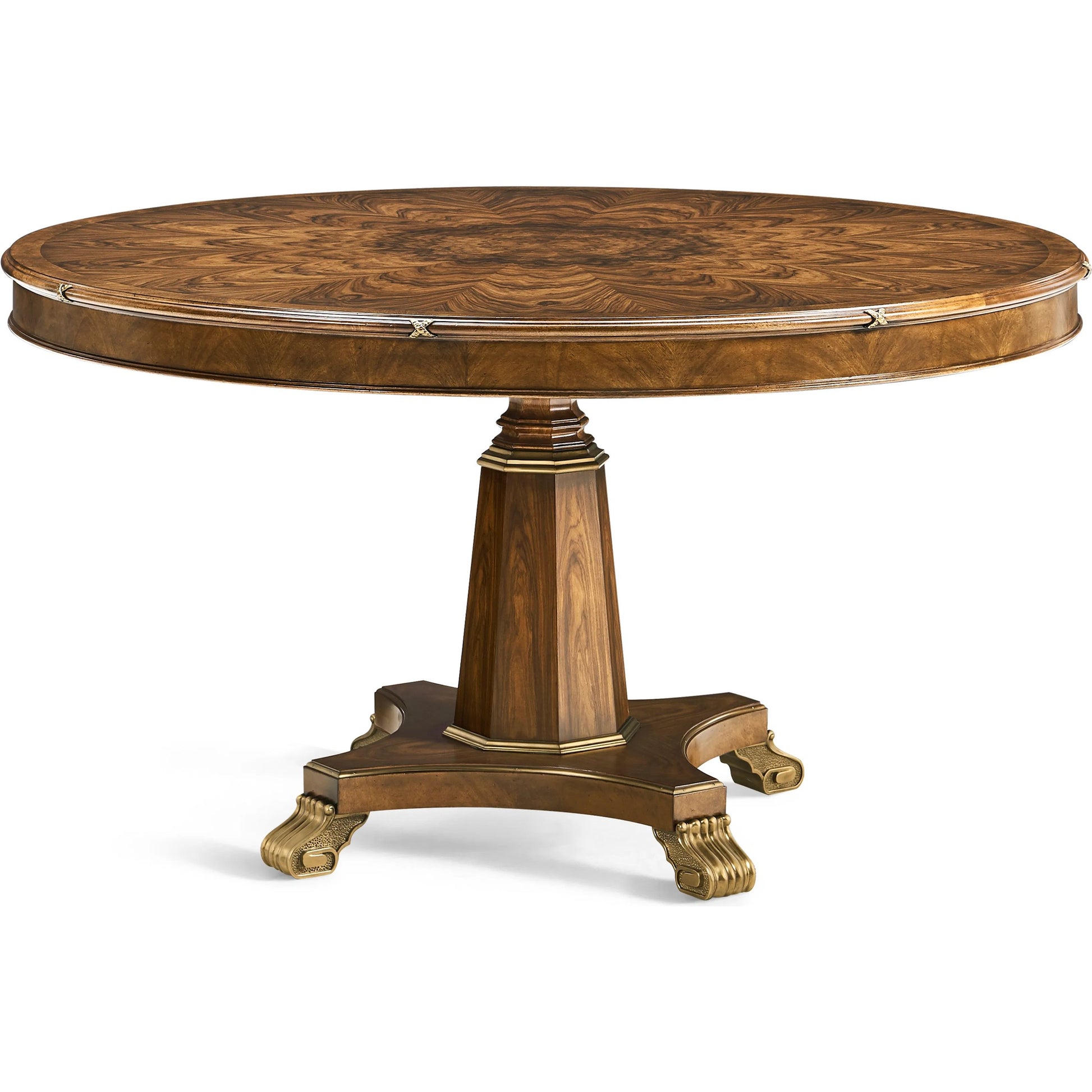 Viceroy Round Dining Table by Jonathan Charles in brown and santos brown, antique brass. Made from mahogany, cerejeira veneers, santos rosewood crown veneers, brass in a traditional style.
