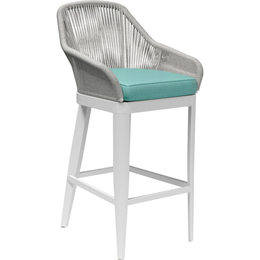 Miami Outdoor Barstool by Sunset West in frost. Made from olefin rope in a coastal style.