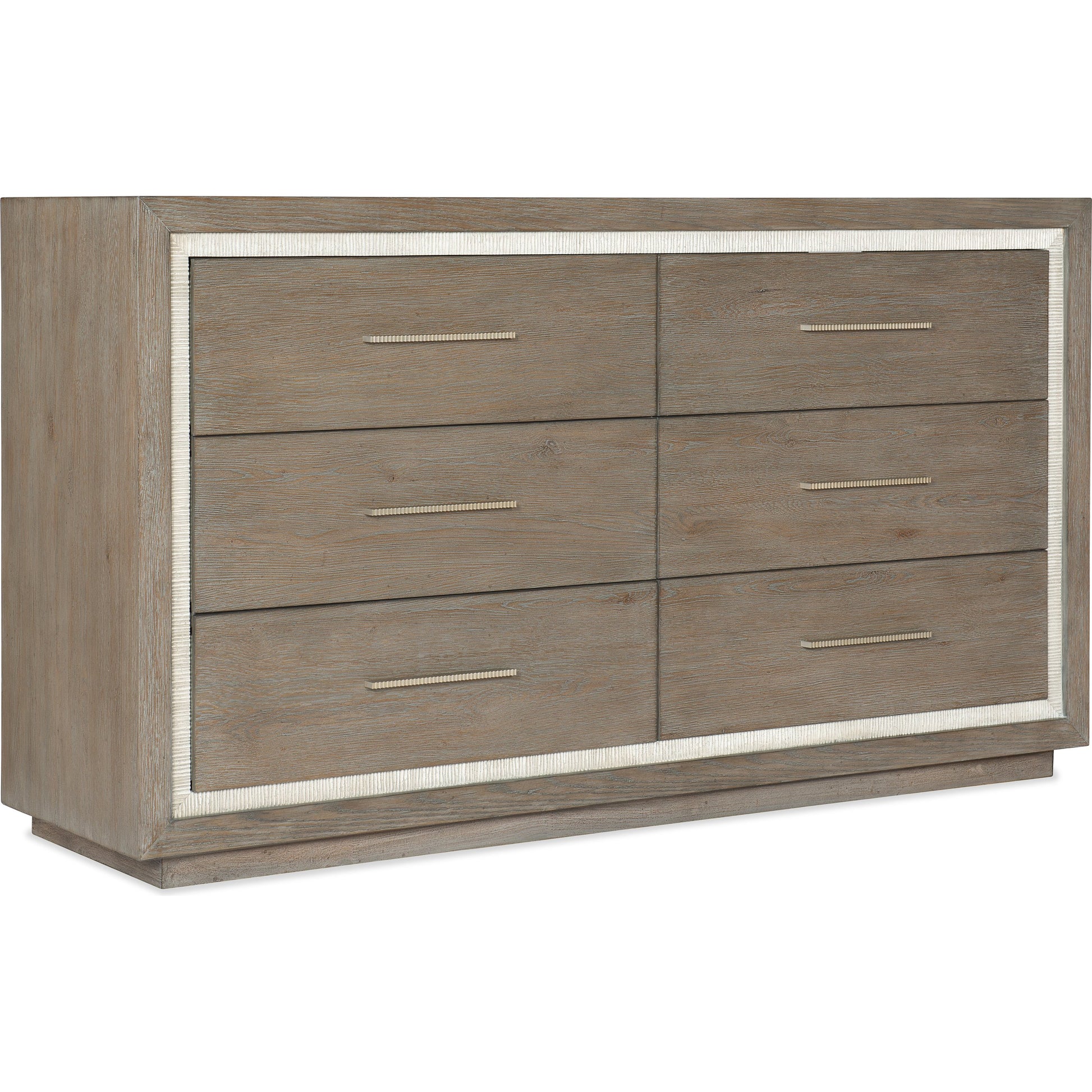 Serenity Mainstay Six Drawer Dresser by Hooker Furniture in malibu, champagne. Made from oak veneers with cedar, felt, resin in a modern style.