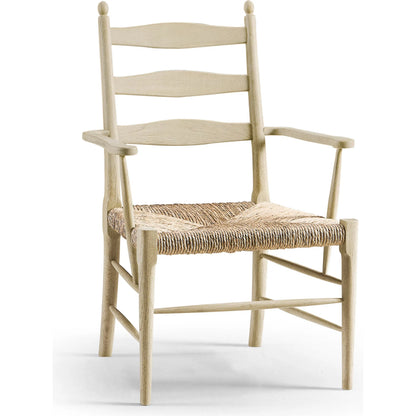 Timeless Doppler Ladderback Arm Chair by Jonathan Charles in stripped brown chestnut. Made from oak, fiber rush, foam, fabric in a coastal style.