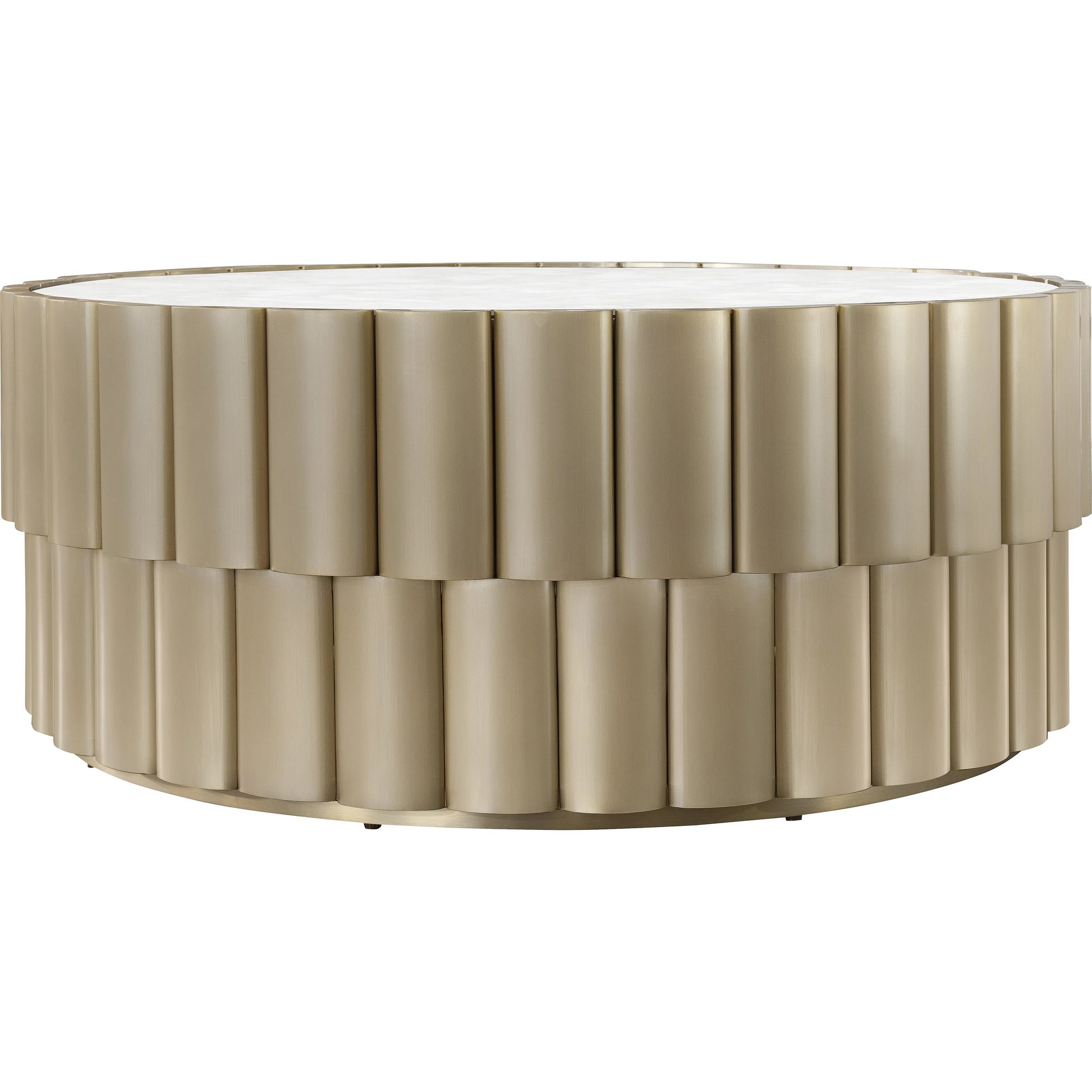 Melange Time Flies Cocktail Table by Hooker Furniture in champagne silver, gold metal. Made from fabric, 82% polyester, 13% acrylic, 5% linen, metal, mirror in a modern style.