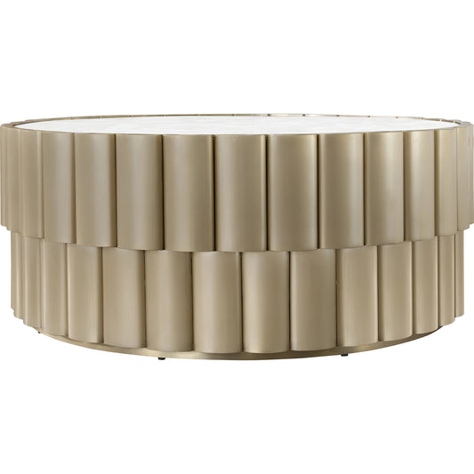 Melange Time Flies Cocktail Table by Hooker Furniture in champagne silver, gold metal. Made from fabric, 82% polyester, 13% acrylic, 5% linen, metal, mirror in a modern style.