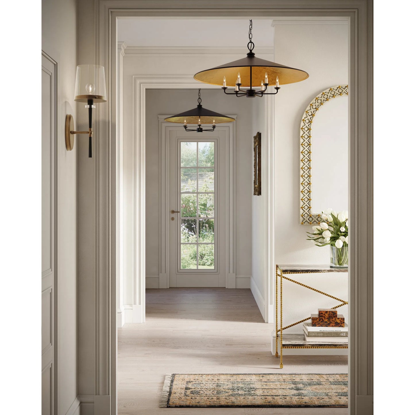 006 S-223953 | Lifestyle | Brussels Pendant by Currey and Company in french black, contemporary gold. Made from wrought iron in a modern style.
