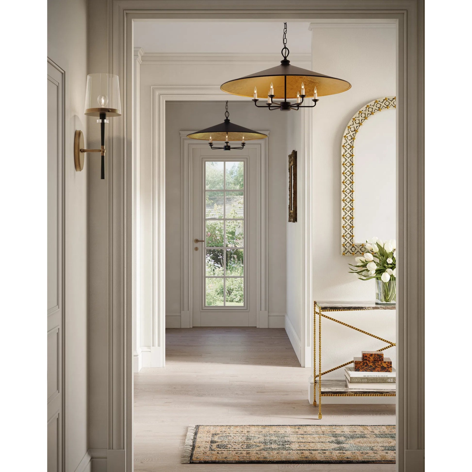 Brussels Pendant by Currey and Company in french black, contemporary gold. Made from wrought iron in a modern style.