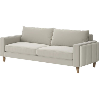 Barret Sofa by A.R.T. Furniture in beige and café au lait. Made from inside: velvet sand colored polyester fabric, outback in faux-leather parchement colored material in a traditional style.