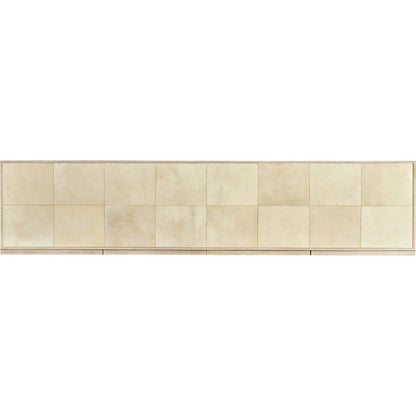Hydra Entertainment Console by Jonathan Charles in parchment oak. Made from oak, oak veneer, brass, vellum in a transitional style.