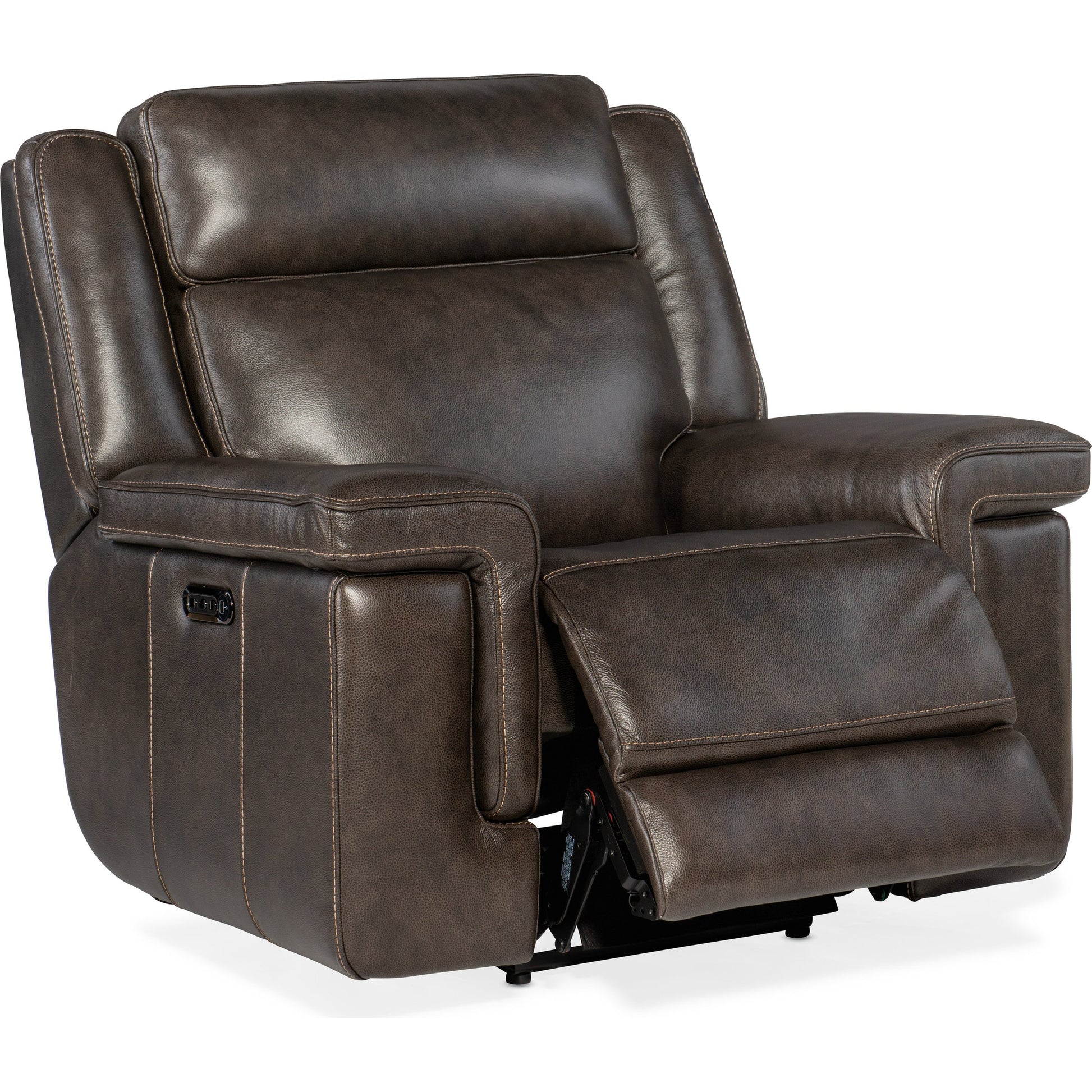 Montel Lay Flat Power Recliner by Hooker Furniture in cosmos cobalt. Made from leather in a traditional style.