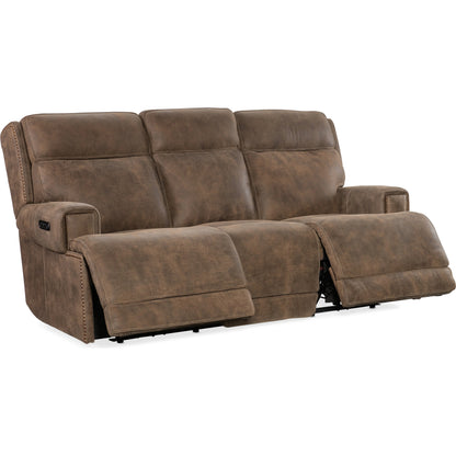 Wheeler Power Sofa by Hooker Furniture in seville timber. Made from leather, seville timber (aniline). seville timber features natural hallmarks of the trail such as fat wrinkles healed scars, scratches, mite marks. wax-based finishing