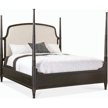 Americana California King Upholstered Poster Bed by Hooker Furniture in beige and worn white. Made from oak veneers and fabric in a traditional style.