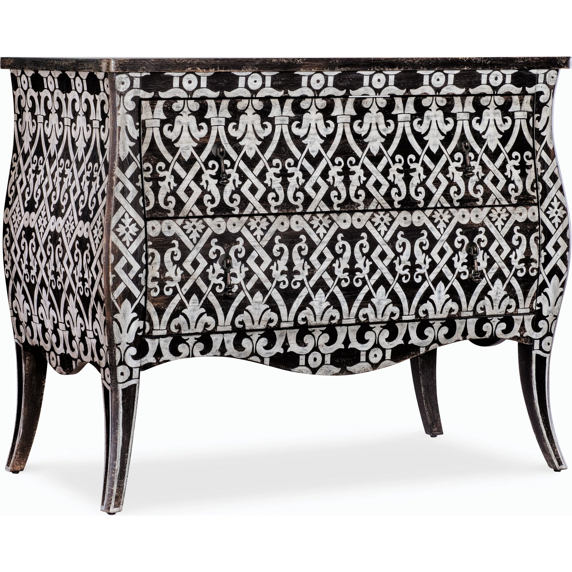 Americana Two-Drawer Bombay Accent Chest by Hooker Furniture in black and molasses finish. Made from oak veneers in a cottage & farmhouse style.