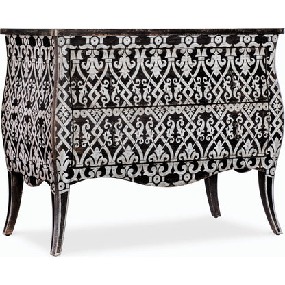 Americana Two-Drawer Bombay Accent Chest by Hooker Furniture in black and molasses finish. Made from oak veneers in a cottage & farmhouse style.