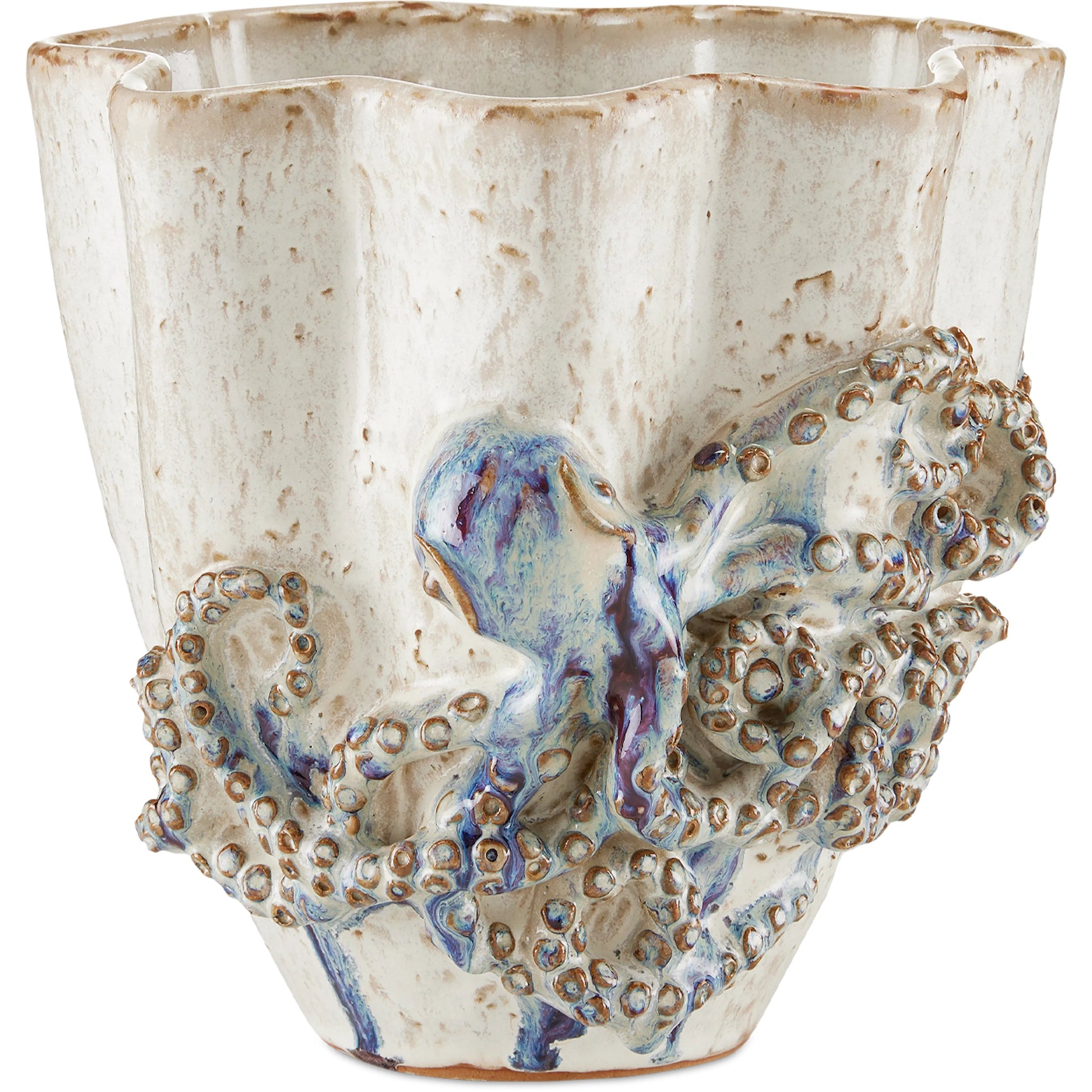 Octopus Vase by Currey and Company in cream, reactive blue. Made from ceramic in a coastal style.