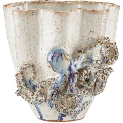 Octopus Vase by Currey and Company in cream, reactive blue. Made from ceramic in a coastal style.