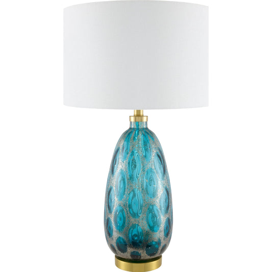 Hexham Accent Table Lamp by Surya in white, blue, metallic brass. Made from glass, iron, linen, polyester in a unique style.