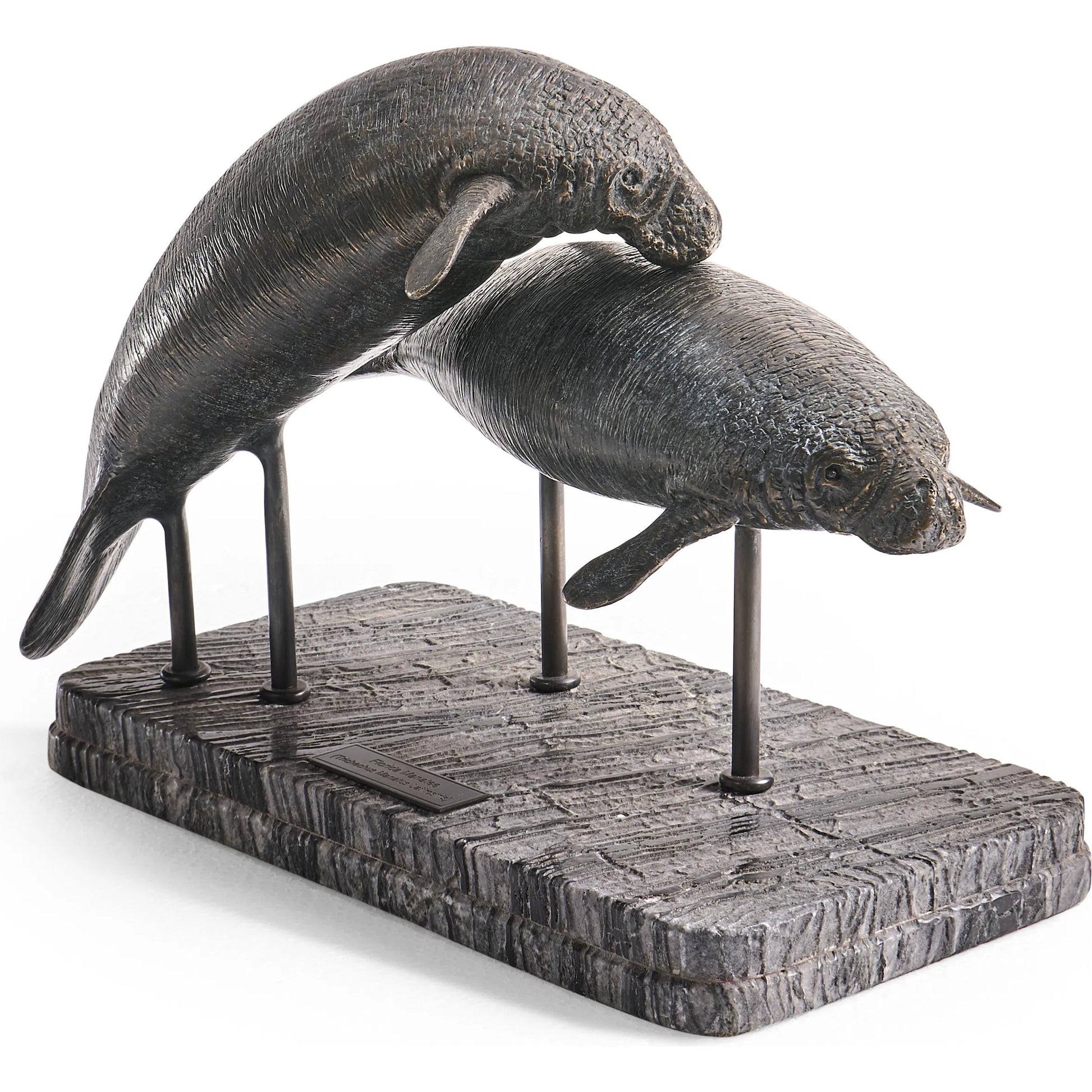 Raised Manatee Bronze Statue with Marble Base by Jonathan Charles in dark rustic waxed bronze. Made from main brass in a unique style.
