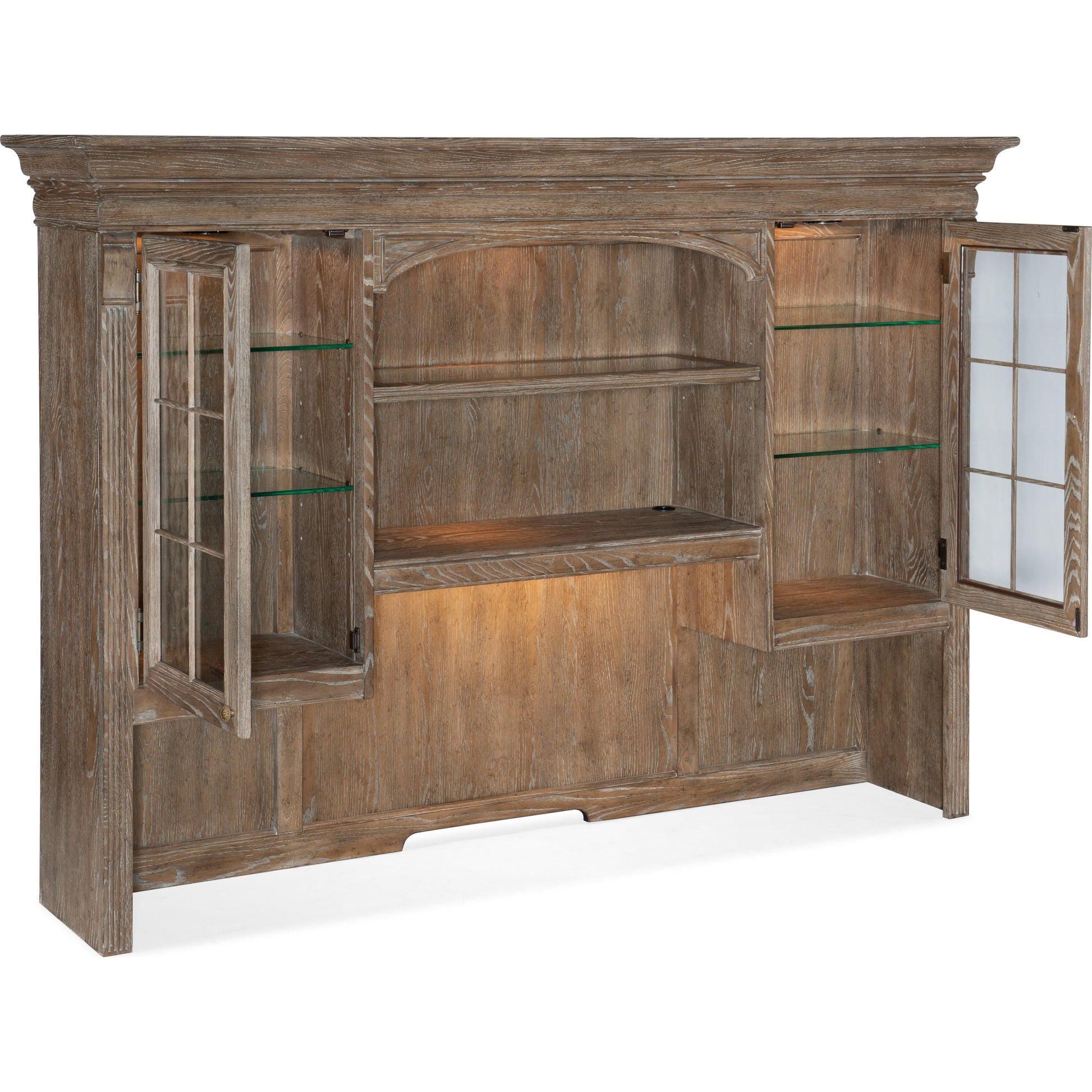 Sutter Credenza Hutch by Hooker Furniture in claro. Made from cathedral oak veneers in a unique style.