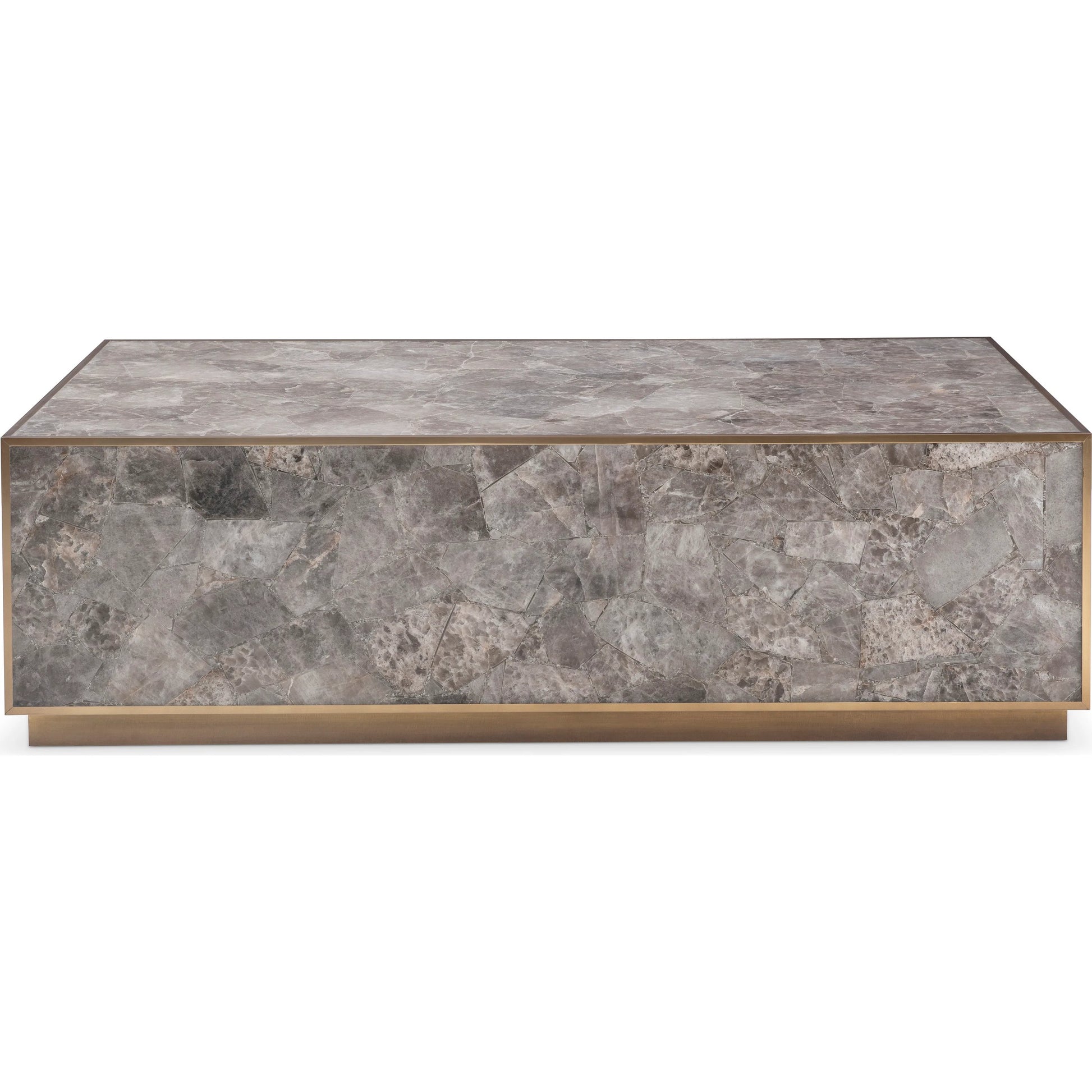 Tildon Cocktail Table by Bernhardt in smokey quartz, aged brass. Made from stone, metal in a modern style.