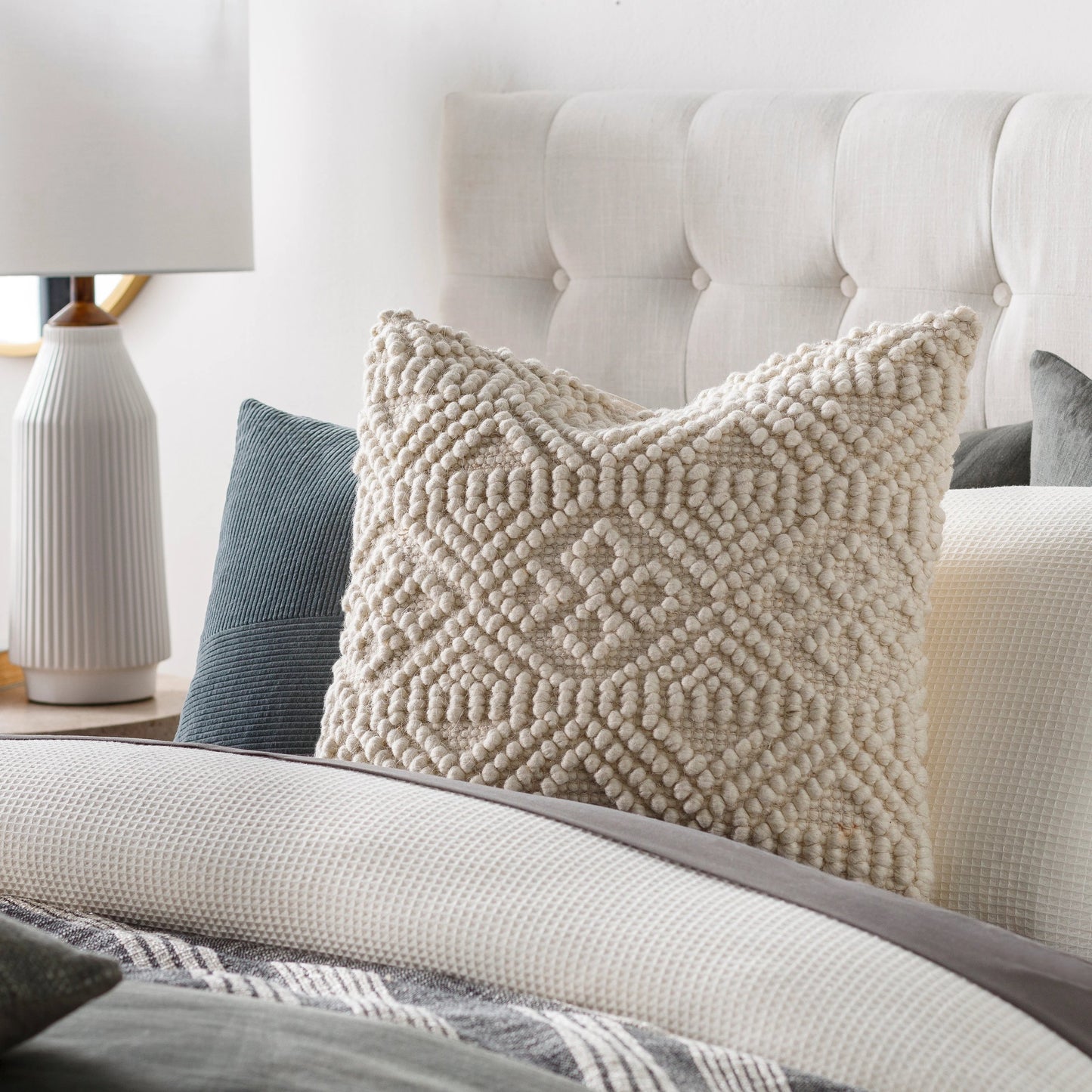 005 SI-1882675,SI-1882676 | Lifestyle | Hygge Pillow - 11322 by Livabliss in cream. Made from 40% cotton, 30% polyester, 30% wool, 100% cotton in a eclectic & global style.