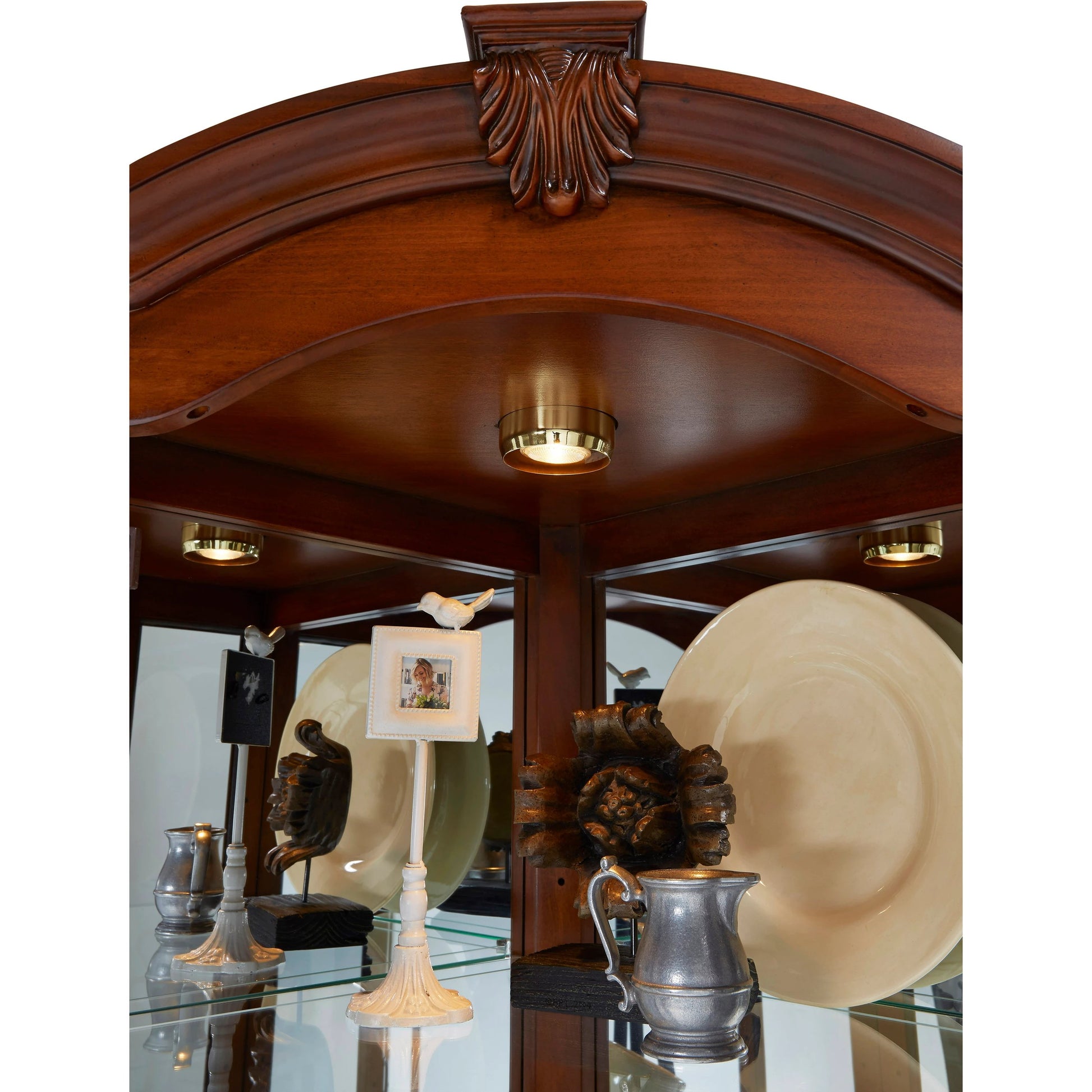 Medallion Cherry Corner Curio by Pulaski Furniture in cherry brown. Made from select hardwoods in a traditional style.
