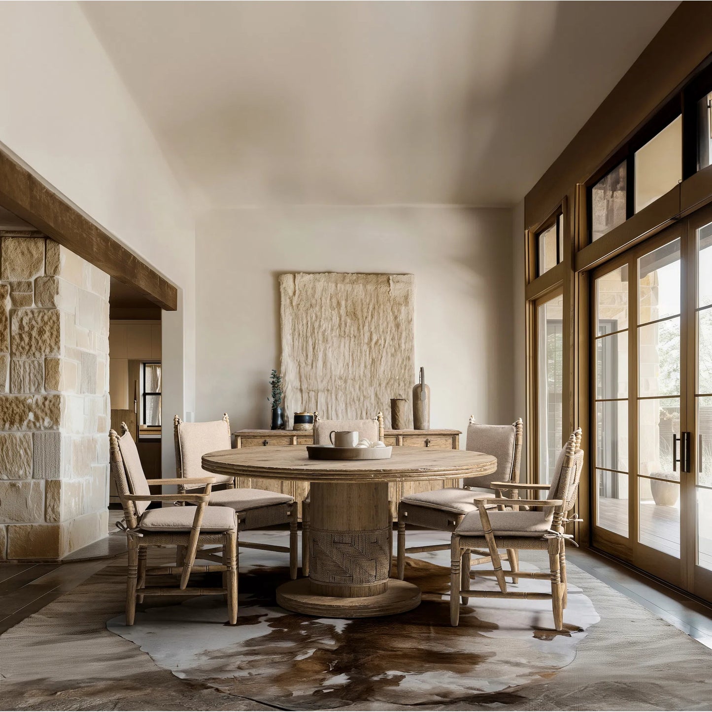 009 SI-2462569 | Lifestyle | 60" Sagehill Round Dining Table by Jonathan Charles in timberon grey oak. Made from oak in a cottage & farmhouse style.