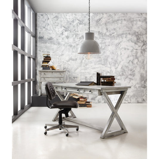 Dixon Writing Desk by Hooker Furniture in light gray. Made from oak veneers with simulated leather in a cottage & farmhouse style.