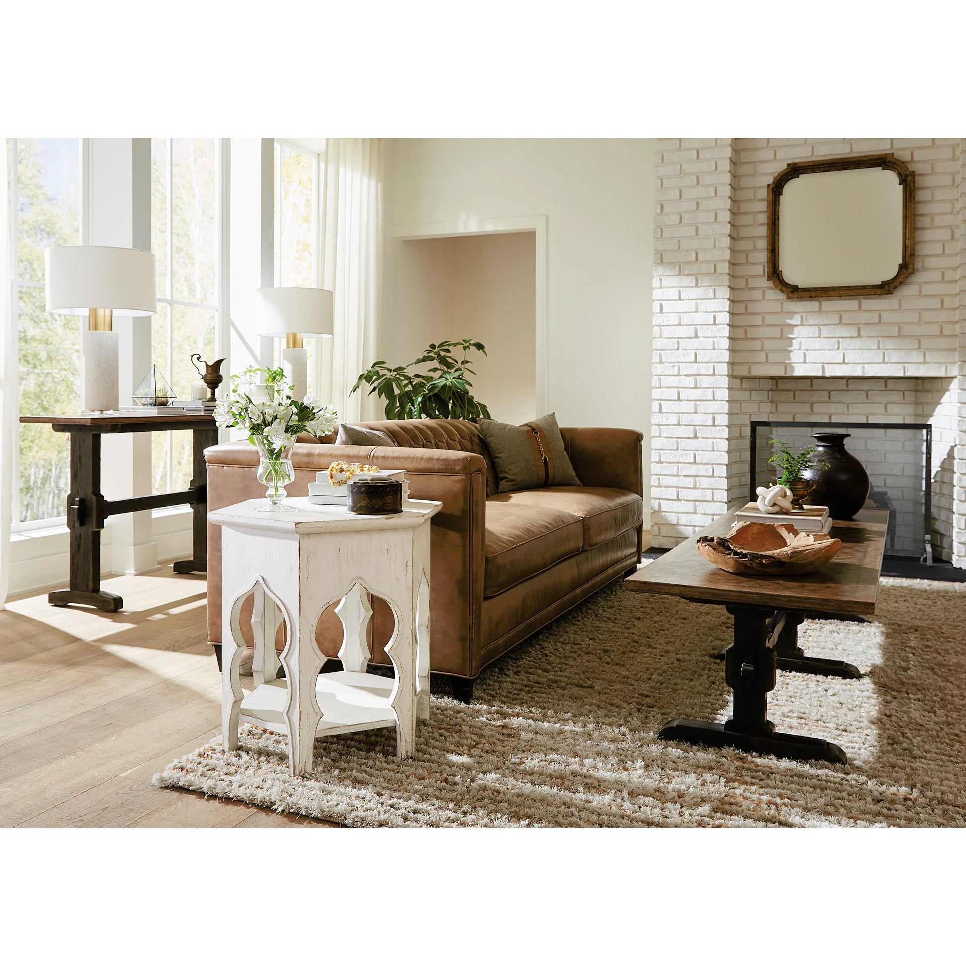 Americana Trestle Console Table by Hooker Furniture in black and molasses finish. Made from oak veneers with solid-wood edge top in a modern style.