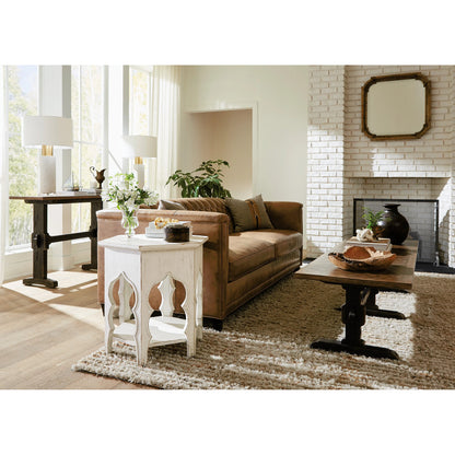 Americana Trestle Console Table by Hooker Furniture in black and molasses finish. Made from oak veneers with solid-wood edge top in a modern style.