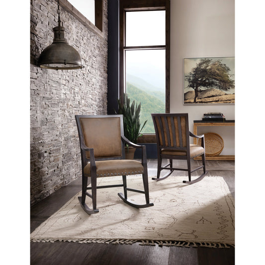 Big Sky Rocking Chair by Hooker Furniture in brown and charred timber. Made from wood, leather, nailheads, seville timber (aniline). in a traditional style.