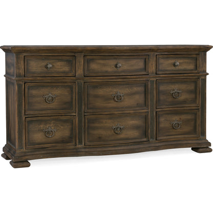 Williamson Dresser by Hooker Furniture in saddle brown. Made from white oak, walnut veneers with cedar, resin in a traditional style.
