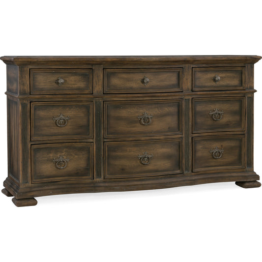 Williamson Dresser by Hooker Furniture in saddle brown. Made from white oak, walnut veneers with cedar, resin in a traditional style.