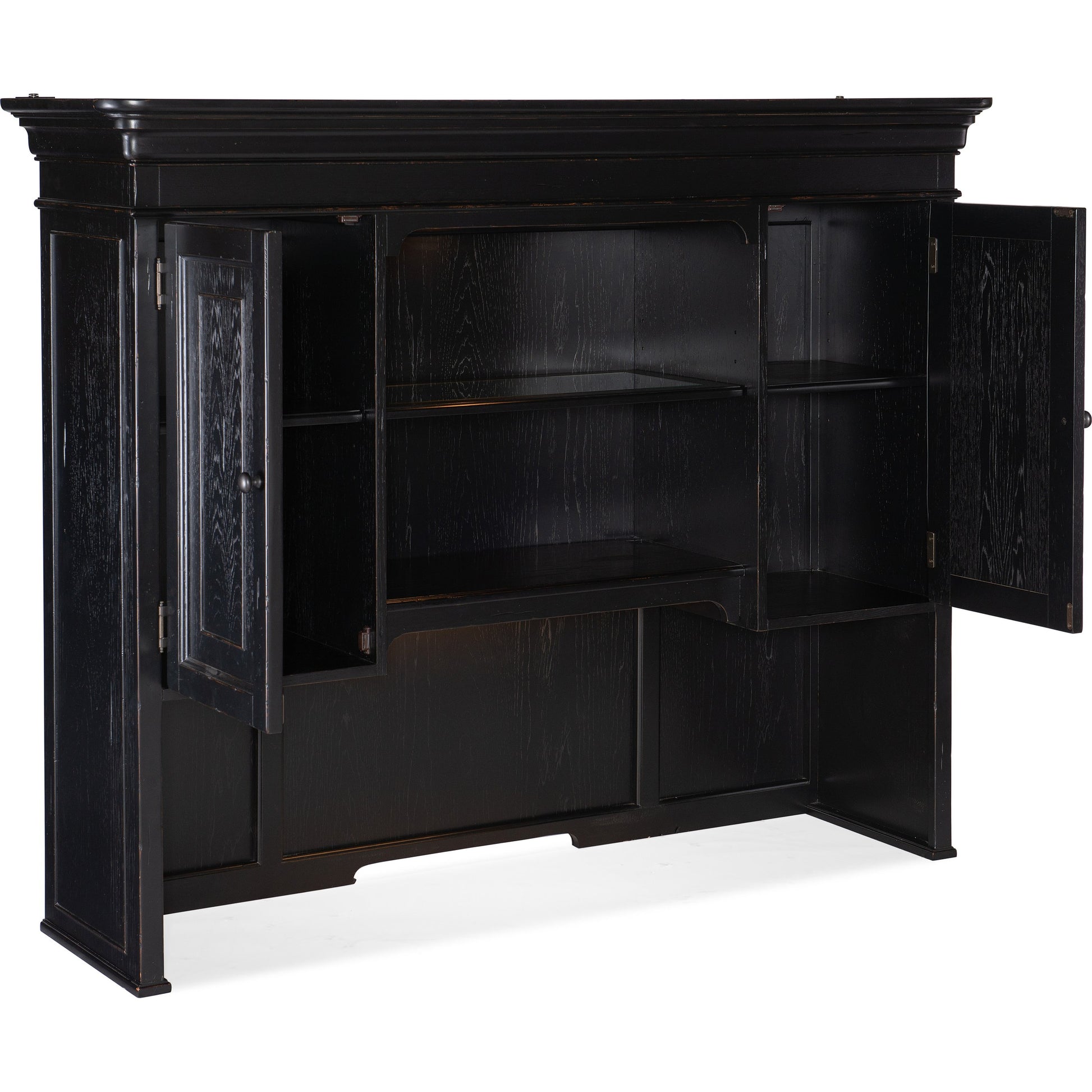 Bristowe Credenza Hutch by Hooker Furniture in tuxedo black. Made from pecan veneers in a unique style.