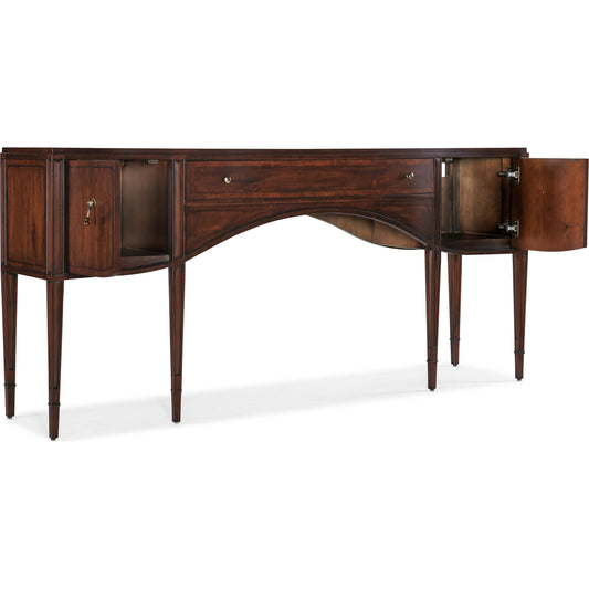 Charleston Console Table by Hooker Furniture in maraschino cherry. Made from cherry veneers, walnut inlay in a transitional style.