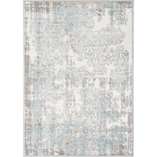 HZR-2300 Rug by Livabliss in oatmeal, charcoal, light gray, medium gray, pale blue. Made from 70% viscose, 30% chenille in a unique style.